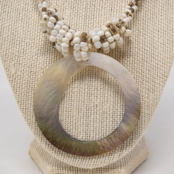 Handmade Shell Pendant Necklace Multi Strand Seed Beads Statement Beachy Mermaid - Picture 3 of 15